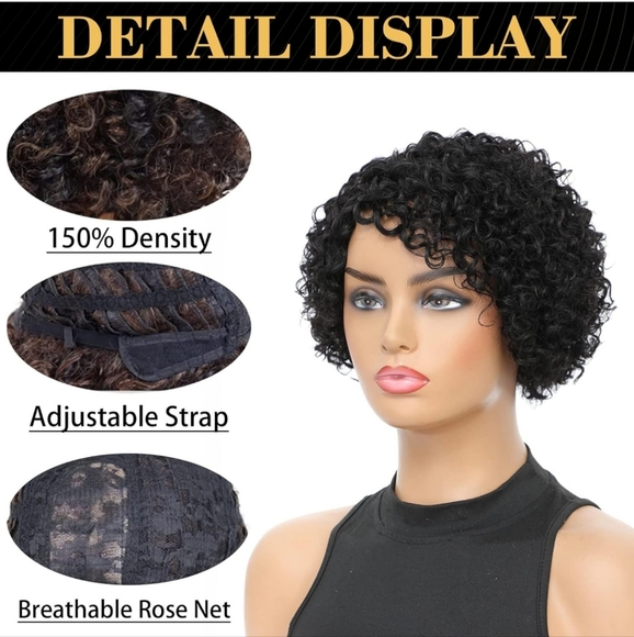 8 inch Deep Wave Side Part Pixie Glueless Afro Kinky Human Hair Wigs. - Picture 4 of 4